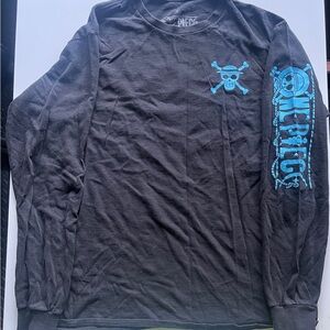 Onepiece Black Long Sleeve Tee with Blue Skull Design